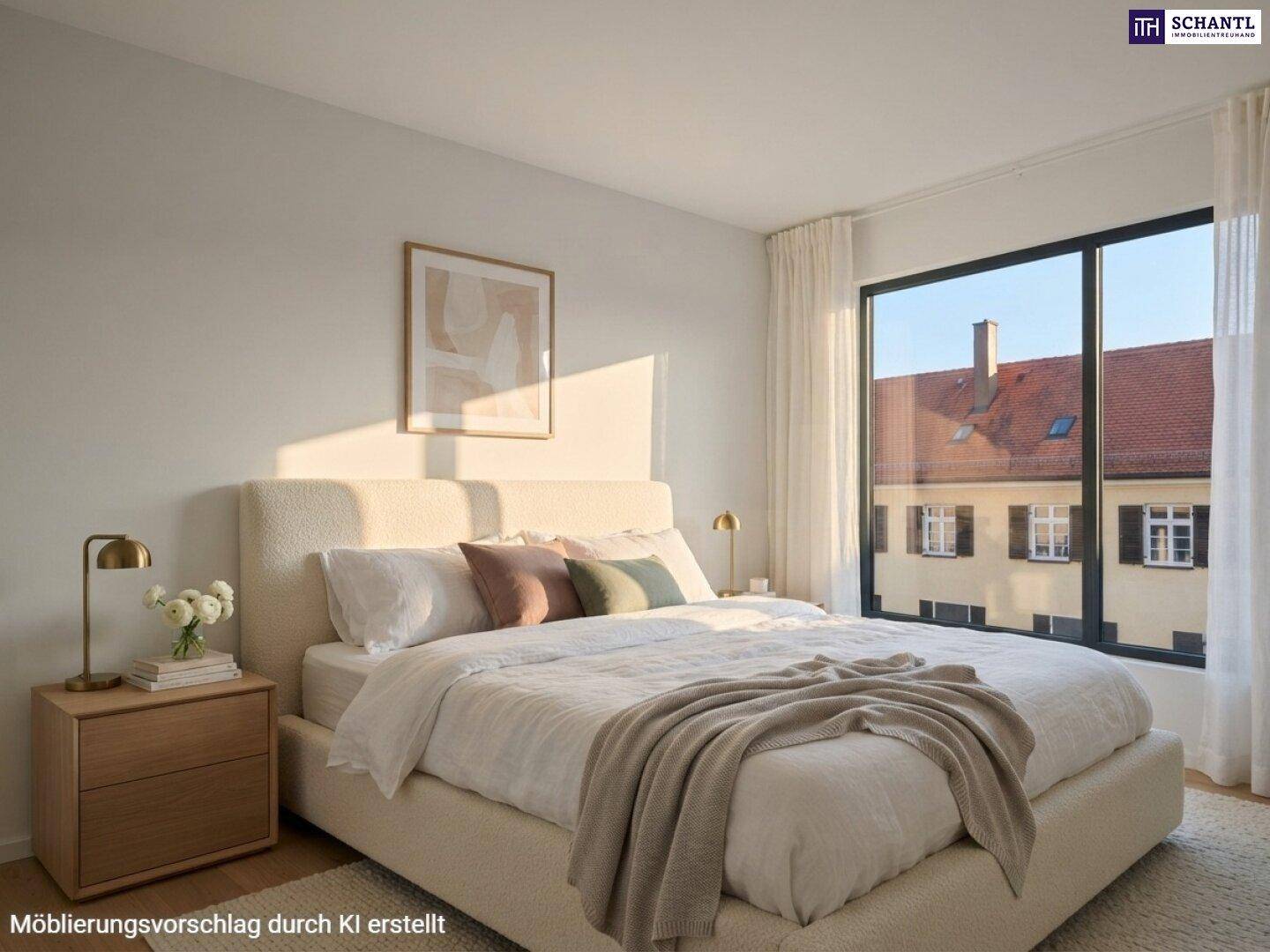 Helles Schlafzimmer mit großem Bett, Holzboden und weiten Fenstern mit Blick auf die Umgebung.