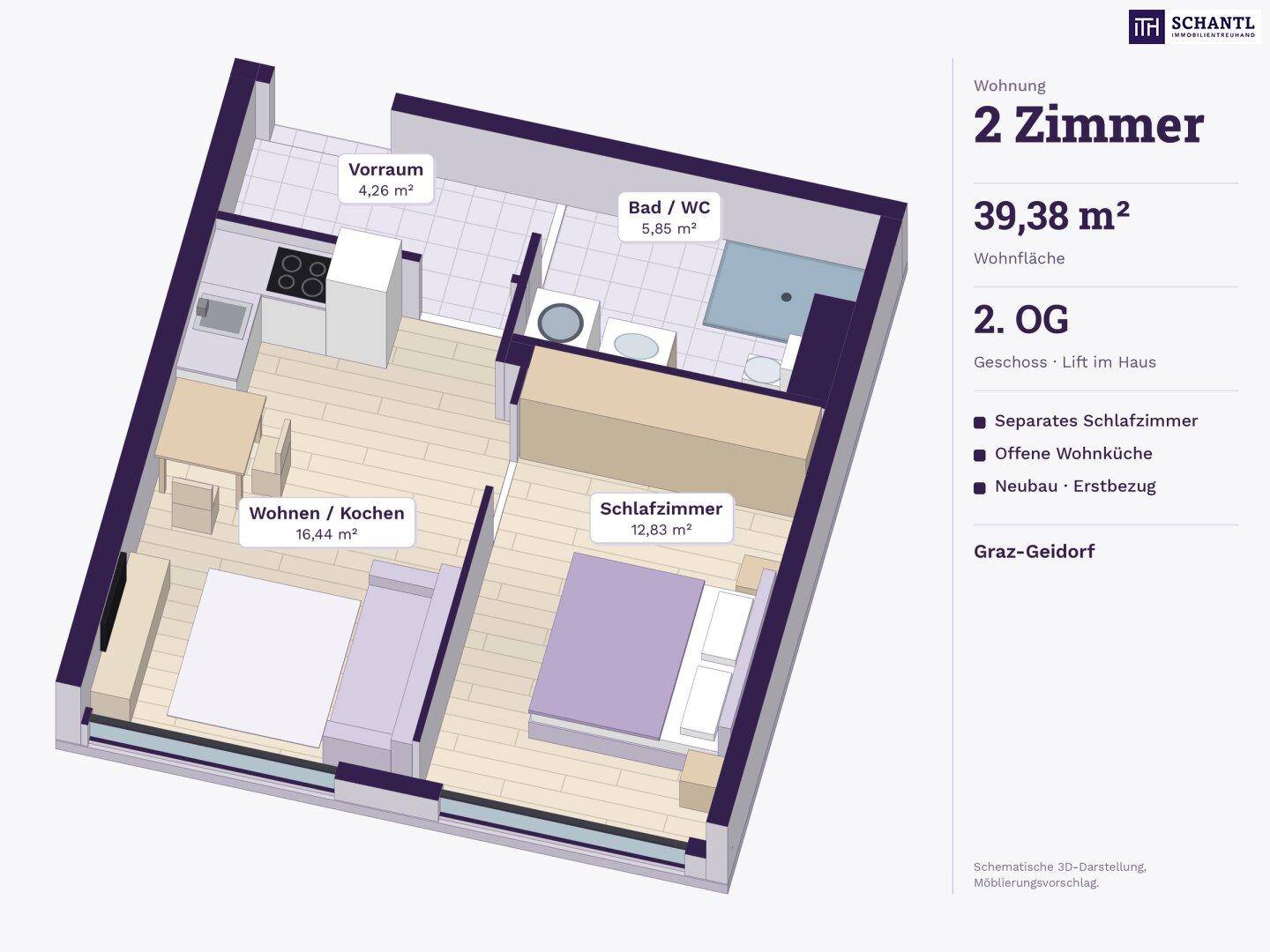 Detaillierter 3D-Grundriss einer 2-Zimmer-Wohnung mit Wohnküche, Schlafzimmer und Bad.