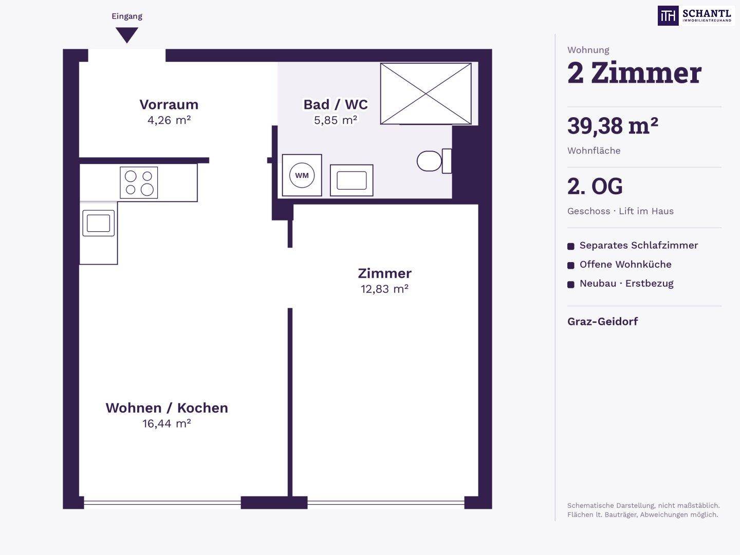Klarer 2D-Grundriss einer 2-Zimmer-Wohnung mit Wohnküche, Zimmer und Bad/WC.