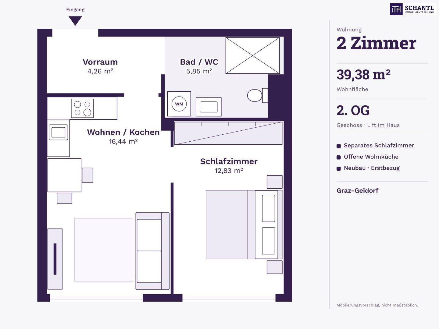 Möblierter 2D-Grundriss einer 2-Zimmer-Wohnung mit Wohnküche, Schlafzimmer und Bad.