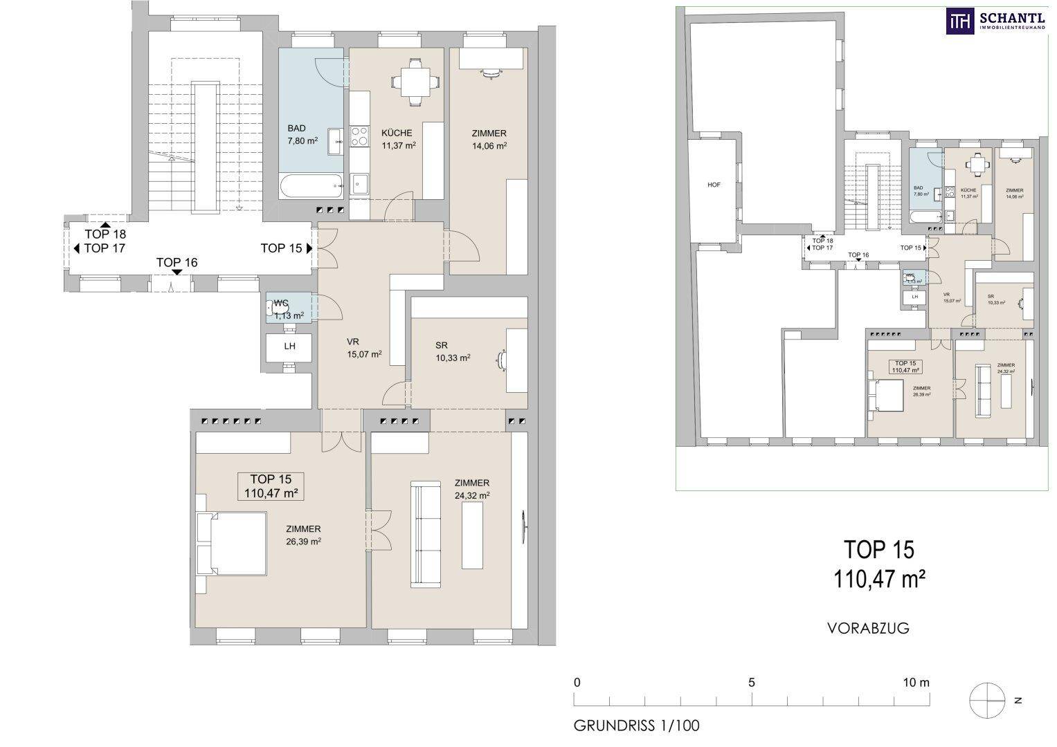 Grundriss der Wohnung TOP 15 mit 110,47 m² und mehreren Zimmern.