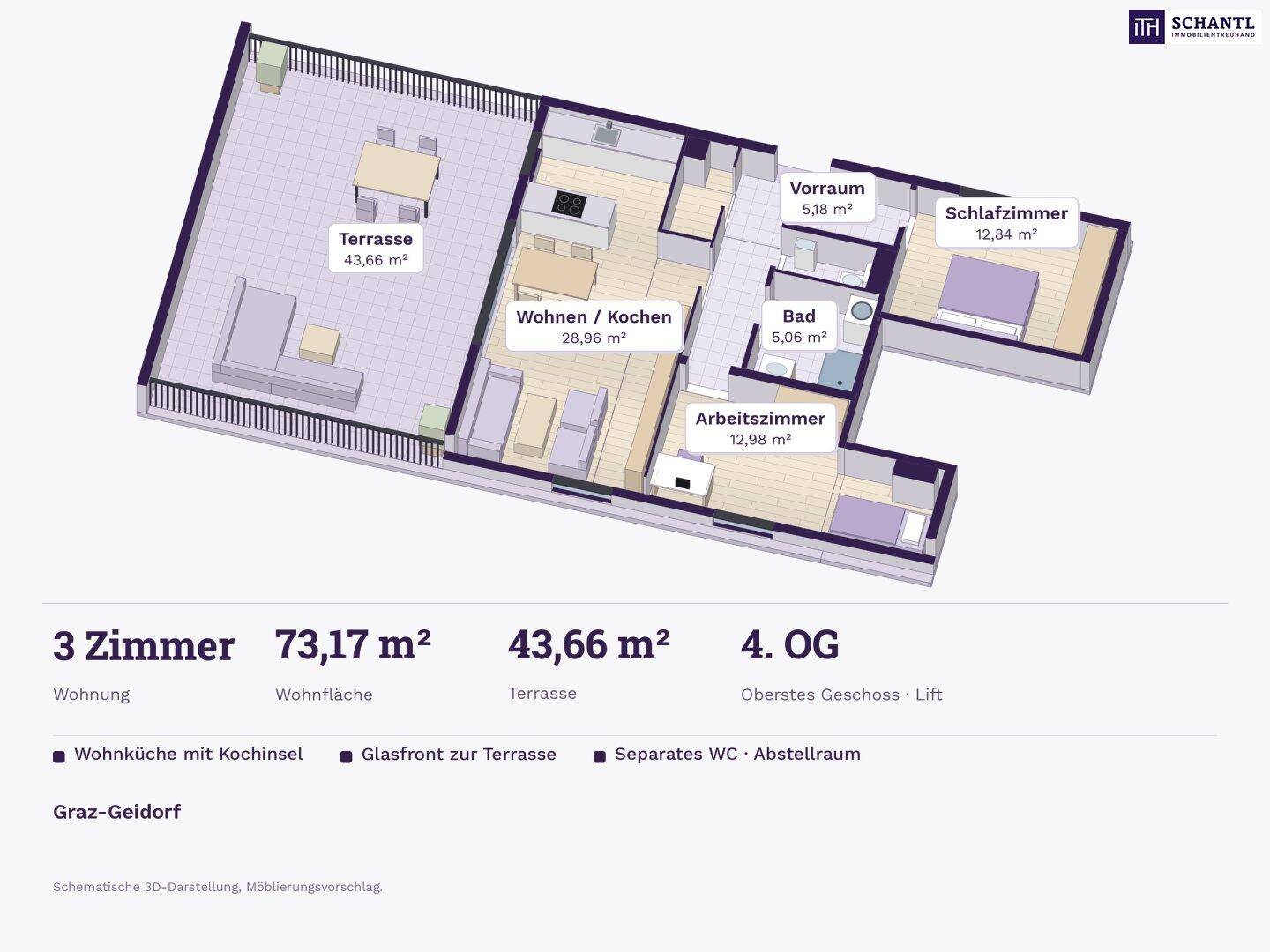 Dreidimensionale Grundrissdarstellung einer Wohnung mit möblierten Bereichen und großer Terrasse.