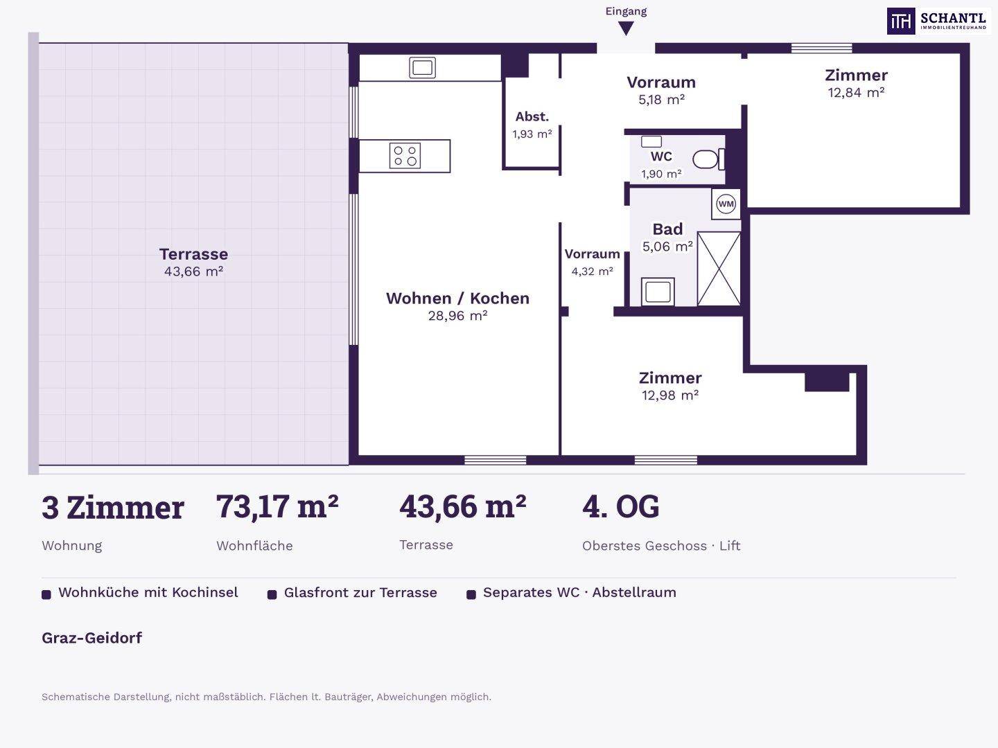 Klarer Grundriss der Wohnung im 4. Obergeschoss mit großzügiger Terrasse und Liftzugang.