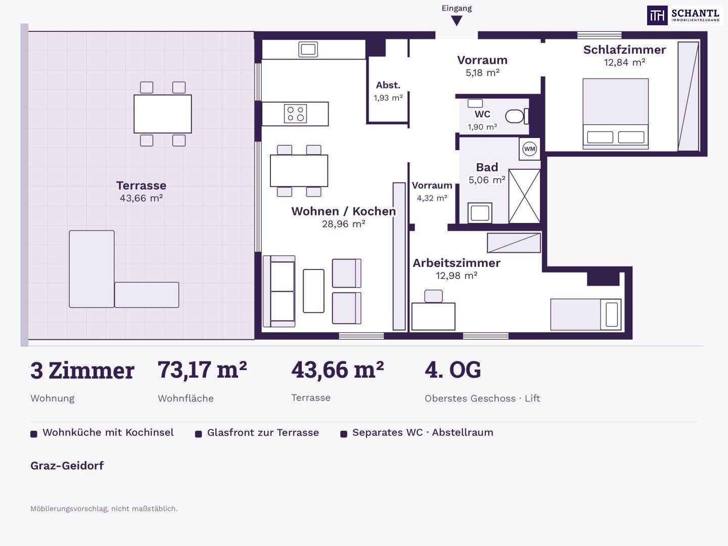 Detaillierter Grundriss der Wohnung im 4. Obergeschoss mit Terrasse und Liftzugang.