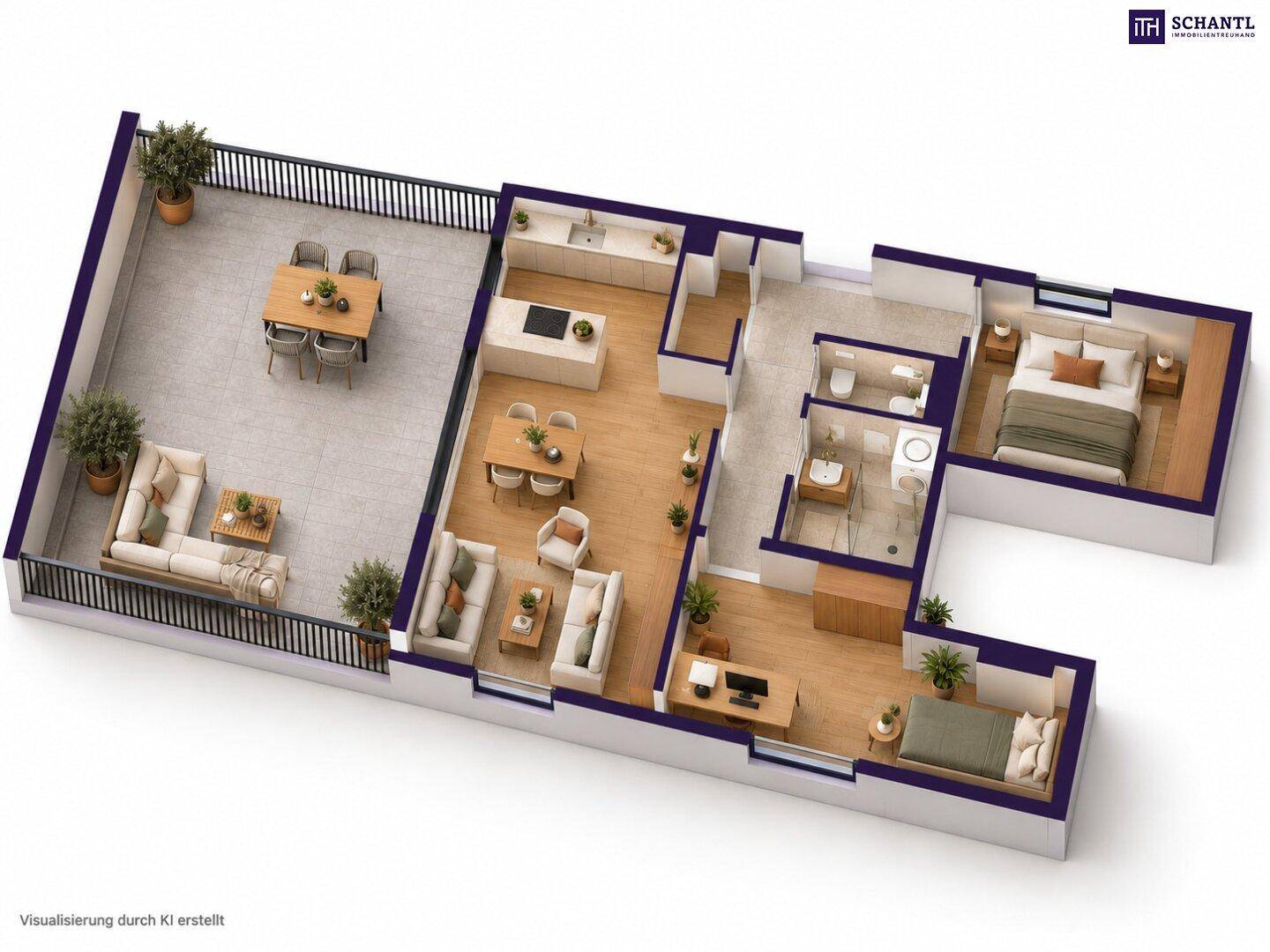 Dreidimensionale Darstellung eines Grundrisses mit möblierten Räumen und großer Terrasse.