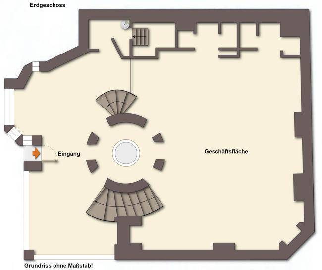 Grundriss des Erdgeschosses mit Haupteingang und großer Geschäftsfläche.