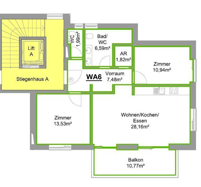 Grundriss einer Obergeschosswohnung mit Balkon, offenem Wohnbereich und zwei Zimmern.