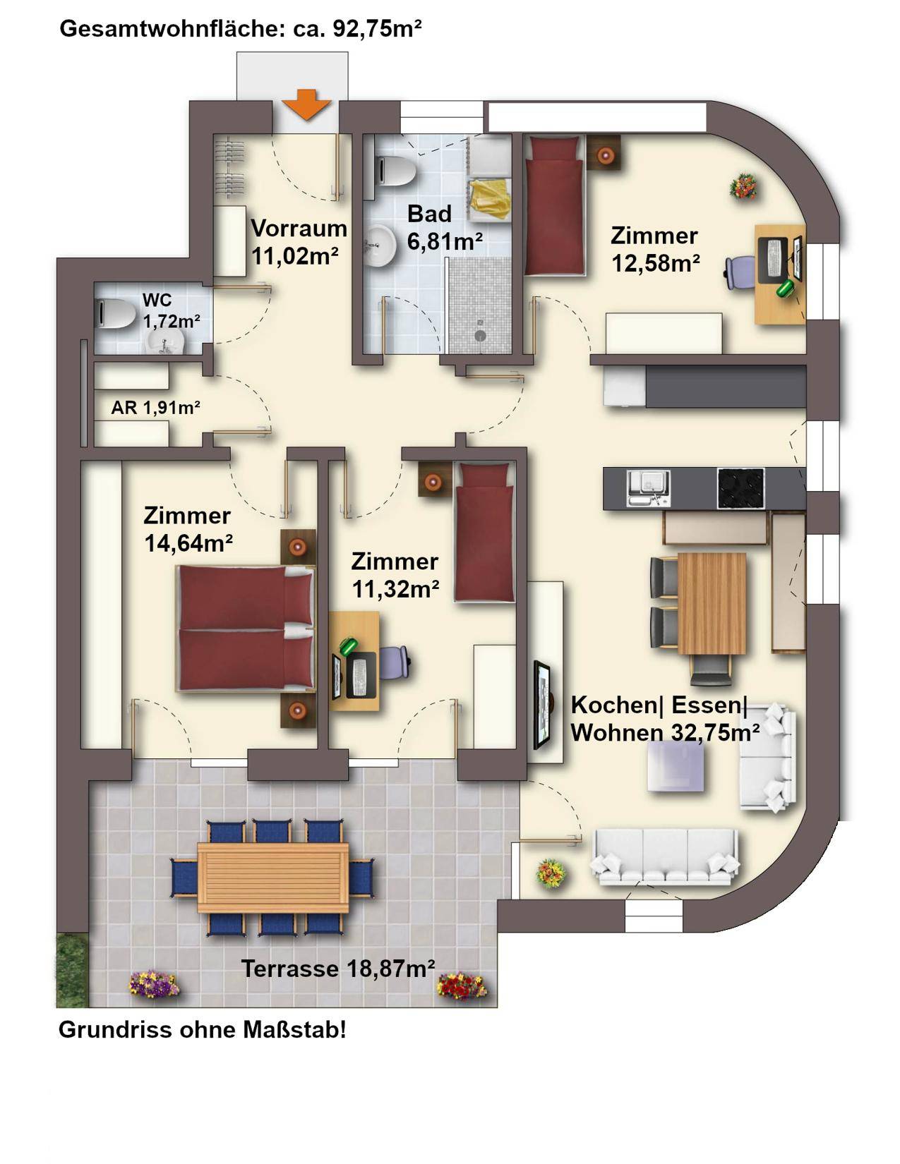 Detaillierter Grundriss einer Wohnung mit drei Zimmern, offener Küche und großer Terrasse.