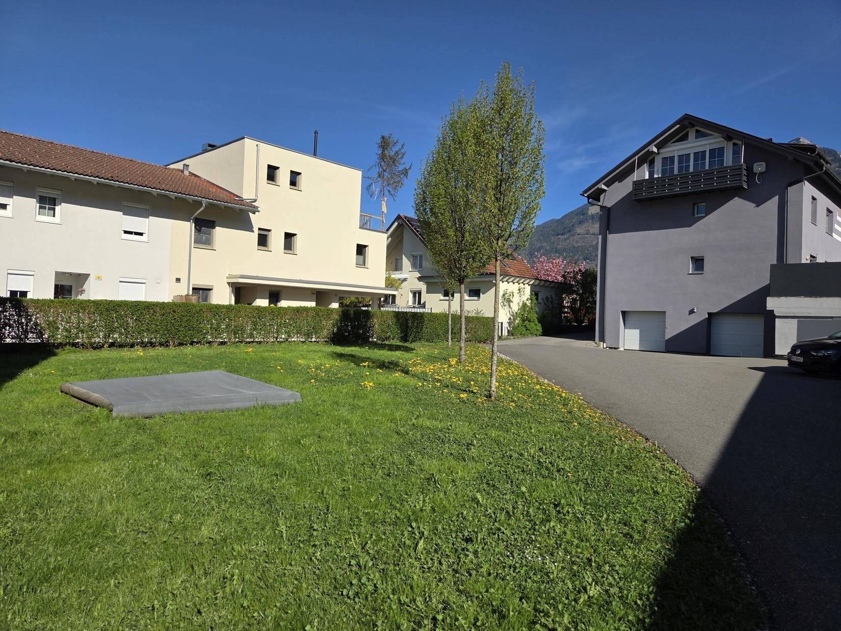 Gepflegte Grünfläche mit Rasen und jungen Bäumen zwischen modernen Wohngebäuden.