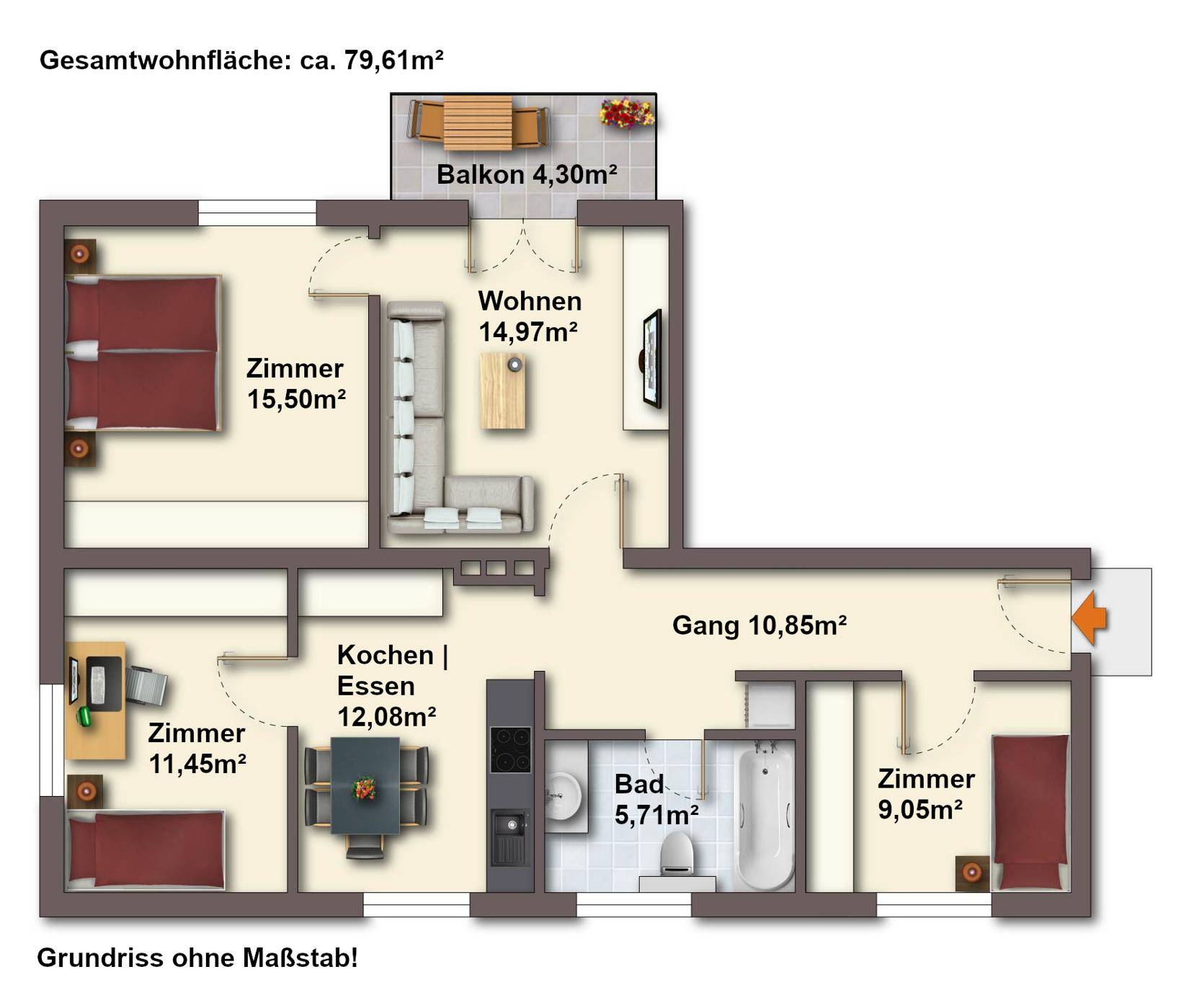 Detaillierter Grundriss der Wohnung mit Wohn-, Schlaf- und Essbereichen.
