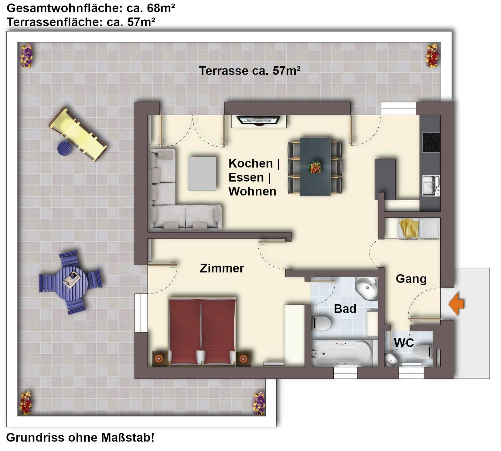 Grundriss einer Wohnung mit offener Küche, Wohn-Essbereich, Schlafzimmer und großer Terrasse.