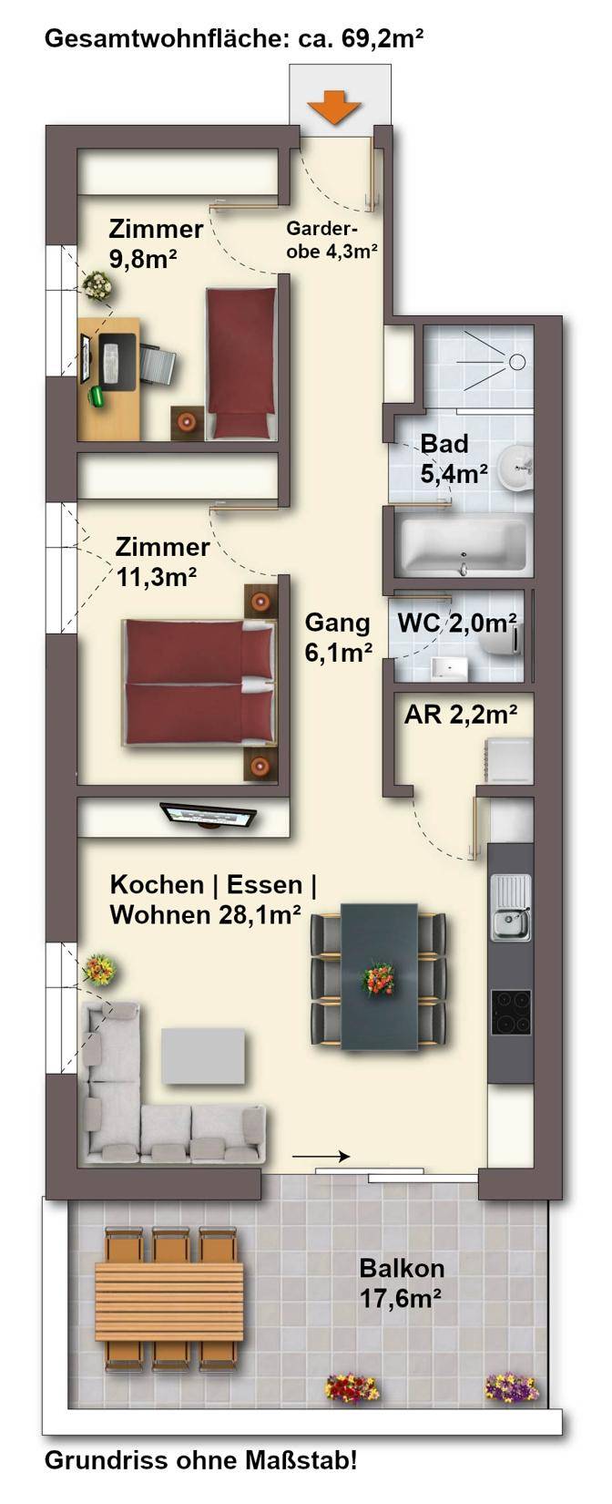 Detaillierter Grundriss einer Wohnung mit offenem Wohnbereich, zwei Zimmern und großem Balkon.
