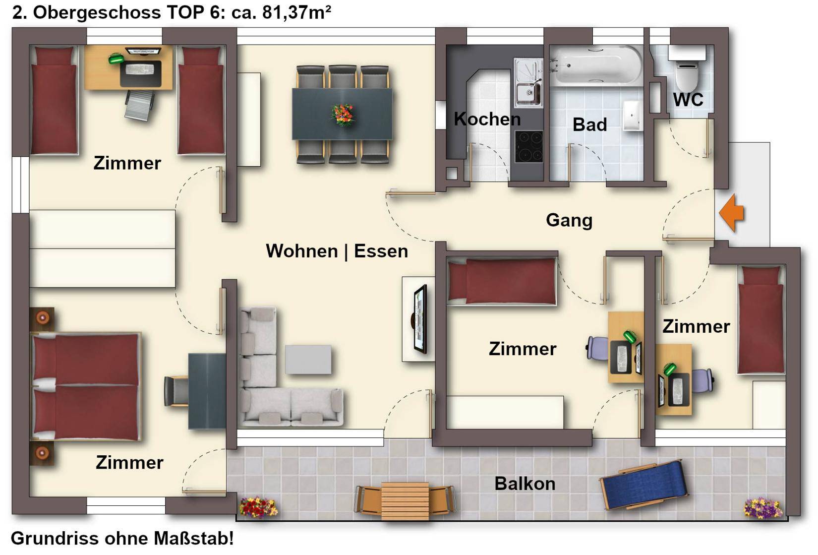 Grundriss einer 81,37m² großen Wohnung mit drei Zimmern, Bad, WC und Balkon.