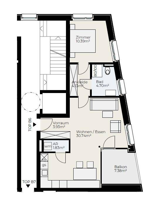 Grundriss einer Wohnung mit Wohn-Essbereich, Schlafzimmer, Bad und Balkon.