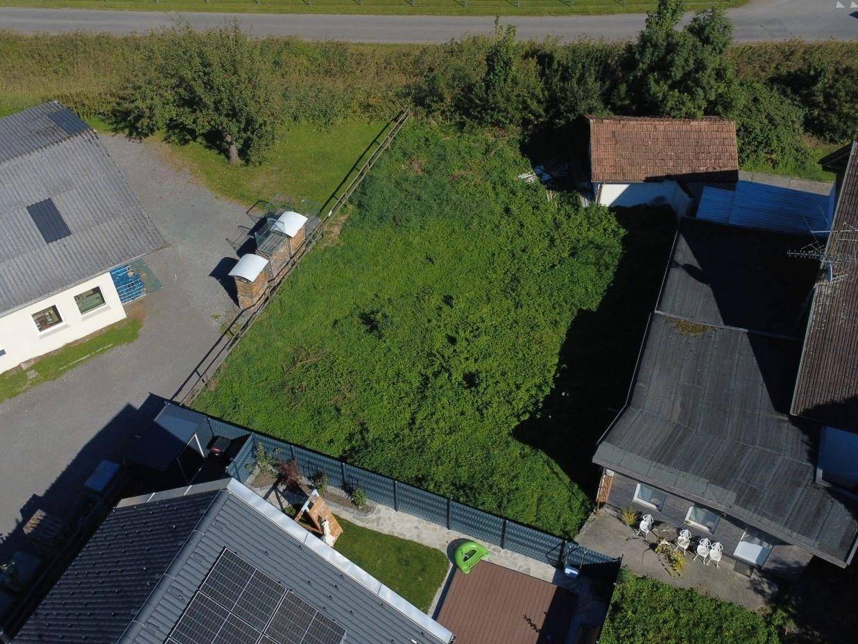 Luftaufnahme eines unbebauten Grundstücks mit üppiger Vegetation, umgeben von Zäunen und benachbarten Gebäuden.