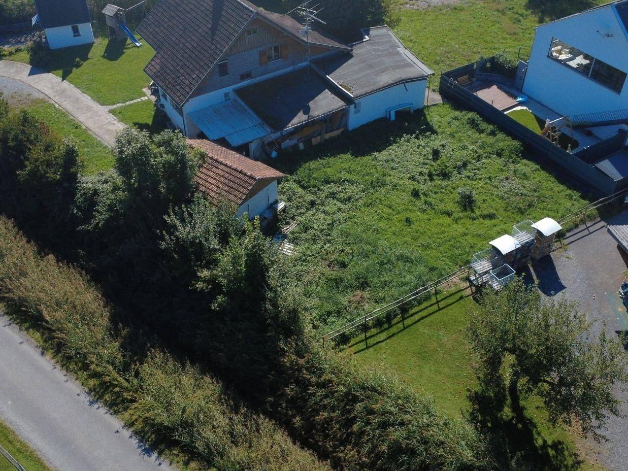 Blick von oben auf ein großes, grünes Grundstück mit angrenzenden Häusern und einer Straße, umgeben von viel Grün.