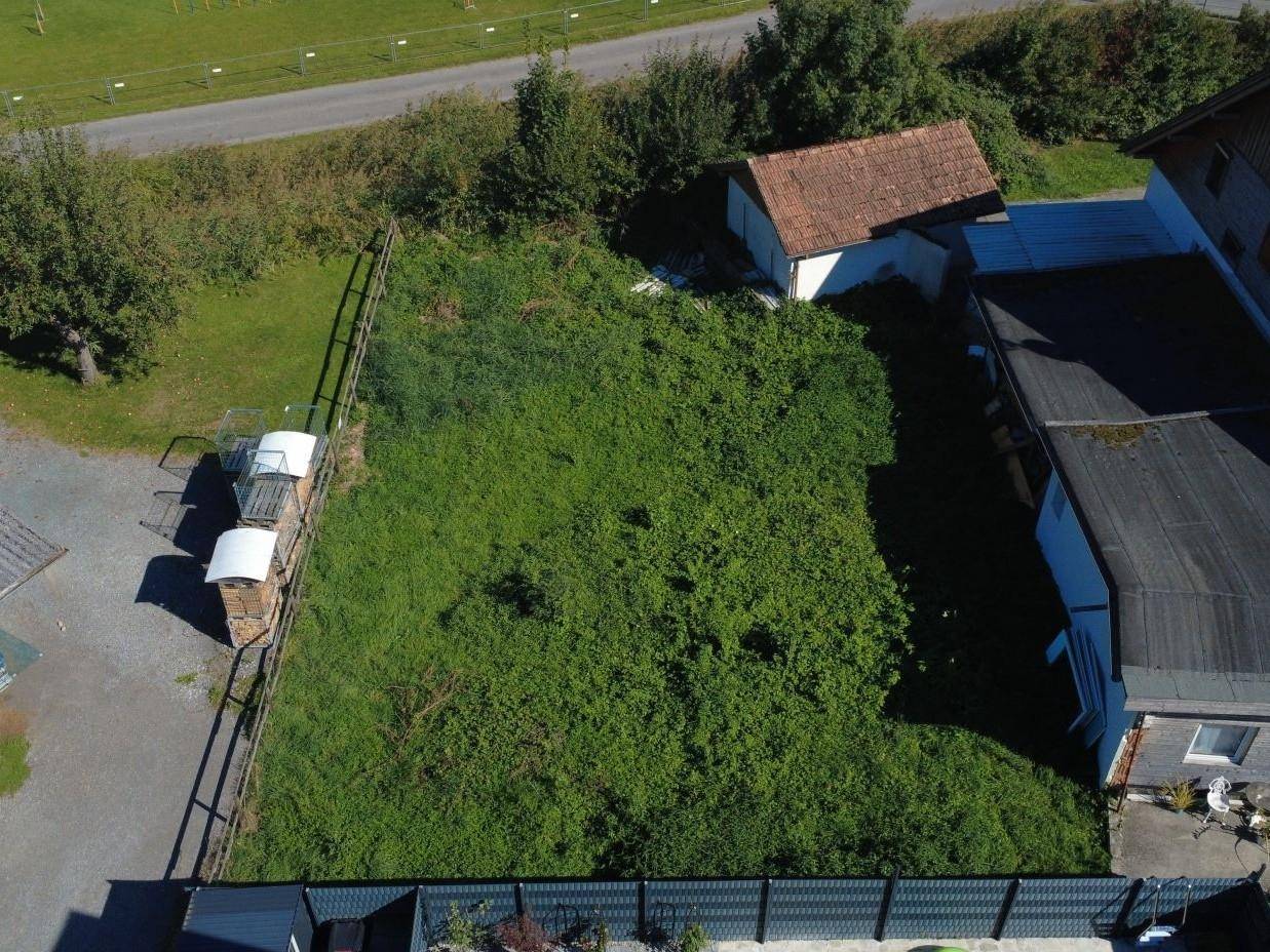 Blick aus der Vogelperspektive auf ein großes, grünes Grundstück mit angrenzenden Gebäuden und gestapeltem Holz.