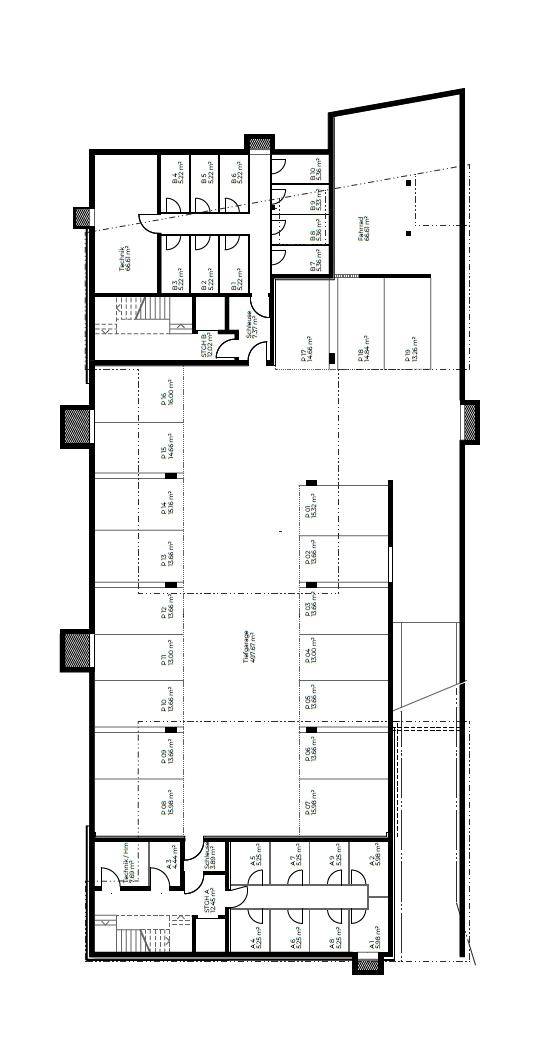 Grundriss einer Etage mit mehreren Wohnungen und Abstellräumen.