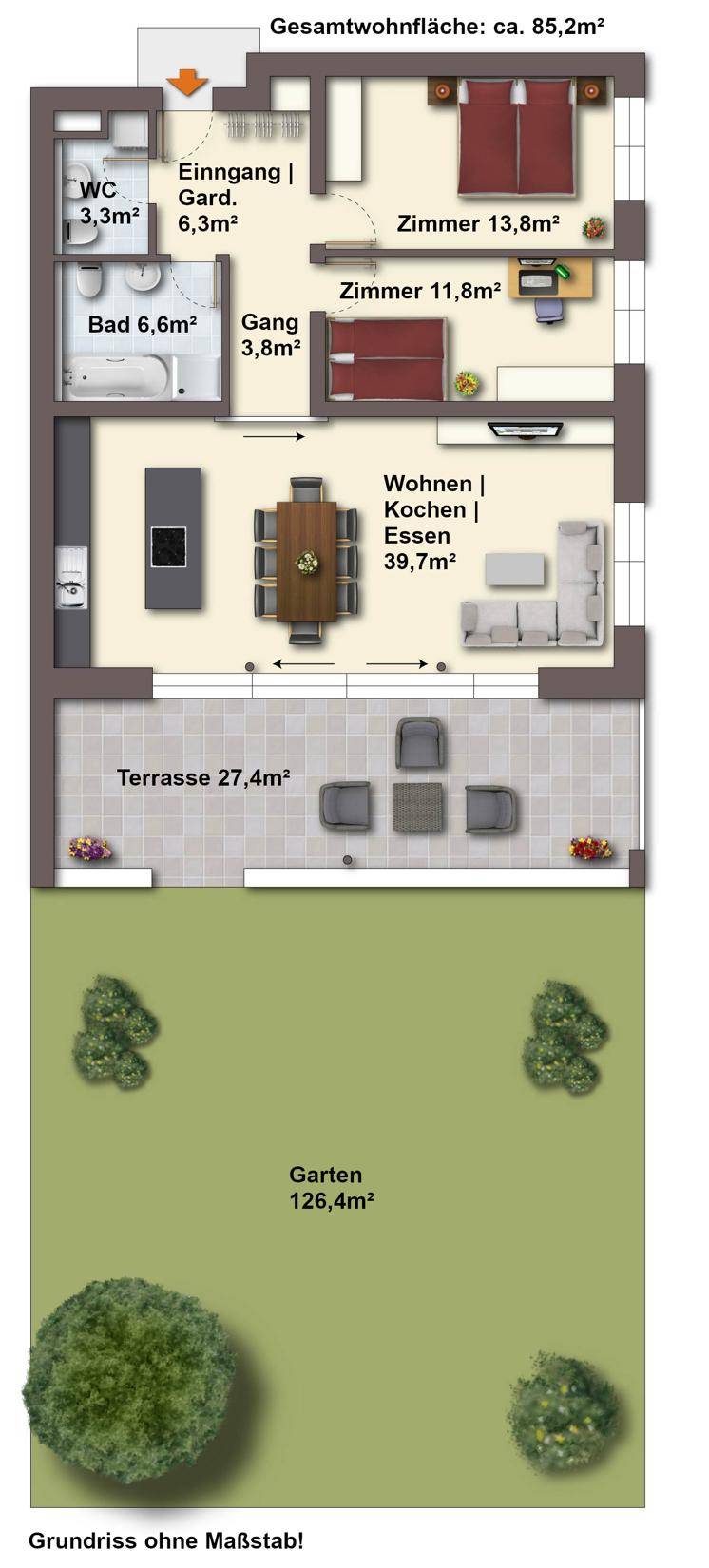 Detaillierter Grundriss einer Wohnung mit Terrasse und Garten, zeigt die Raumaufteilung und Flächen.