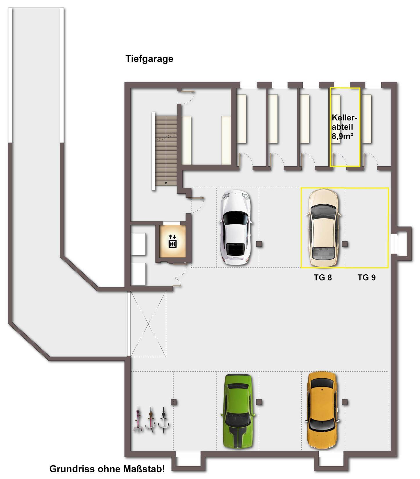 Grundriss der Tiefgarage mit Stellplätzen und Kellerabteilen, inklusive Treppenhaus und Aufzug.
