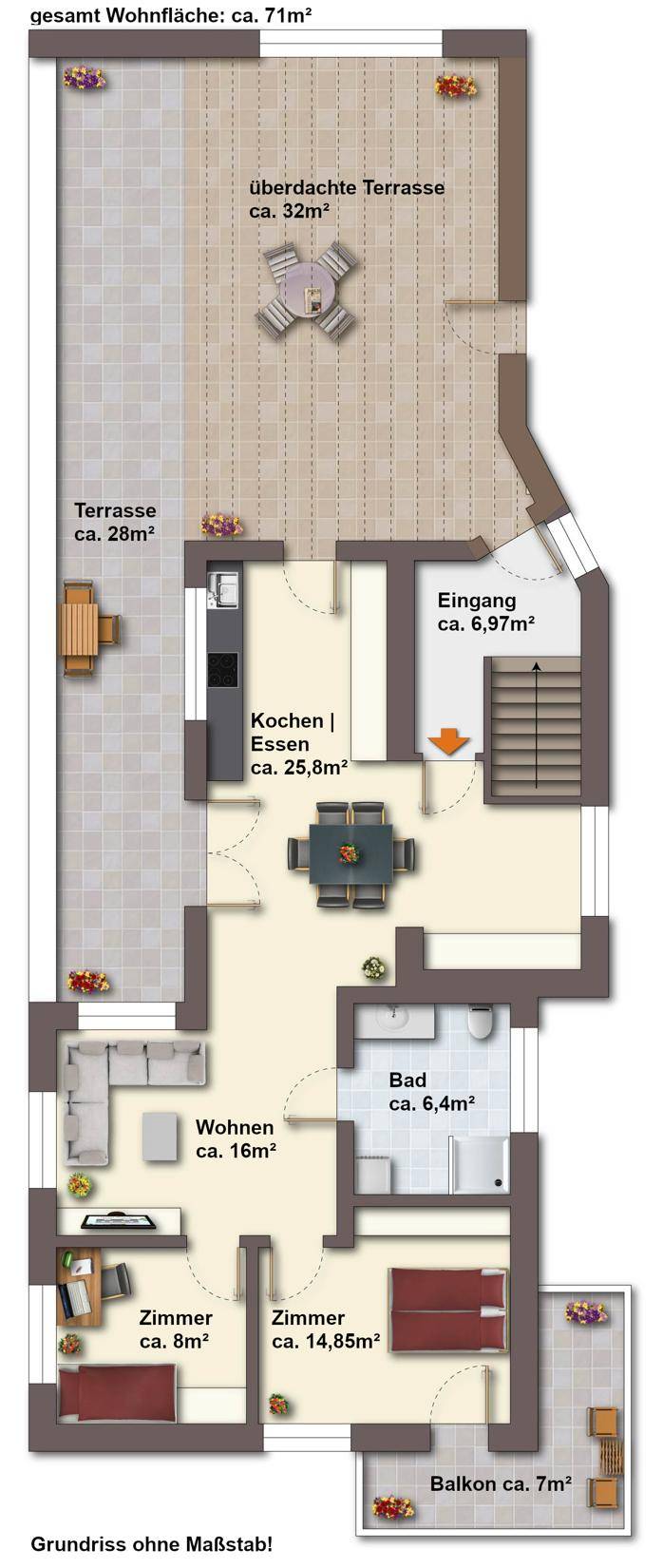 Detaillierter Grundriss der Wohnung mit Wohn-, Schlafzimmern und großzügigen Terrassenflächen.