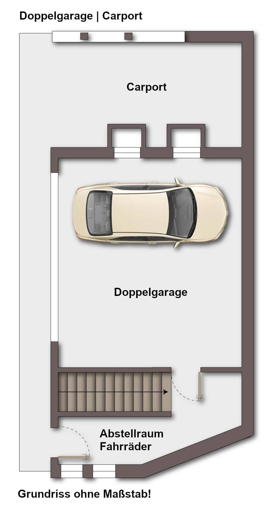 Grundriss der Doppelgarage mit Carport und Abstellraum für Fahrräder.