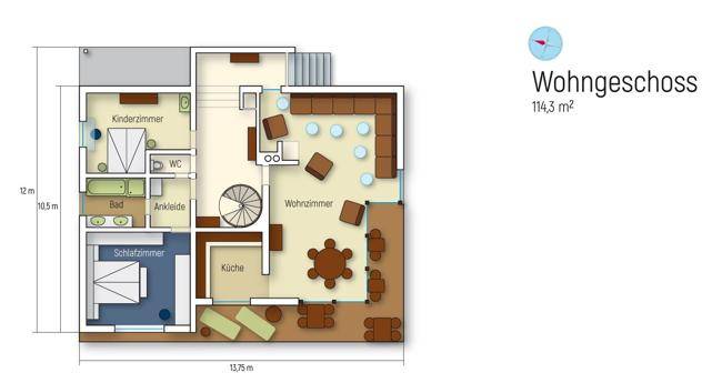 Grundriss des Wohngeschosses mit Küche, Wohnzimmer, Schlafzimmern und Ankleidezimmer.