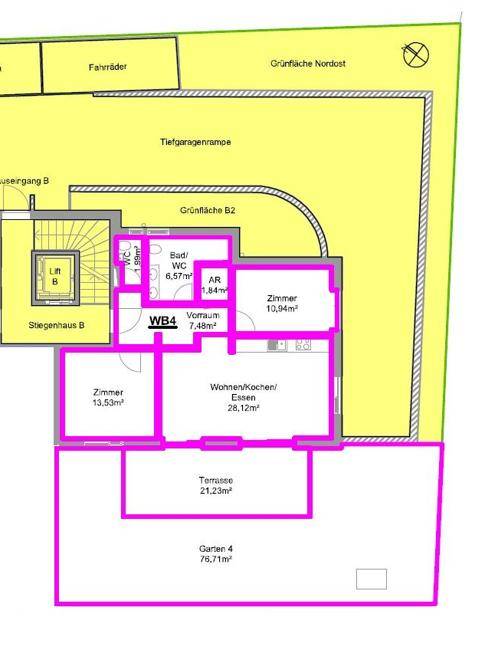 Grundriss einer Erdgeschosswohnung mit Terrasse, Garten und offenem Wohn-Koch-Essbereich.