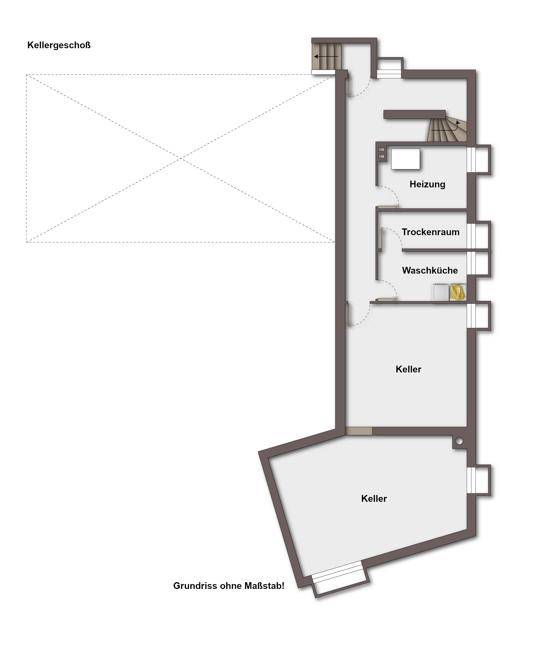 Grundriss des Kellergeschosses mit Heizungsraum, Trockenraum, Waschküche und Kellerräumen.