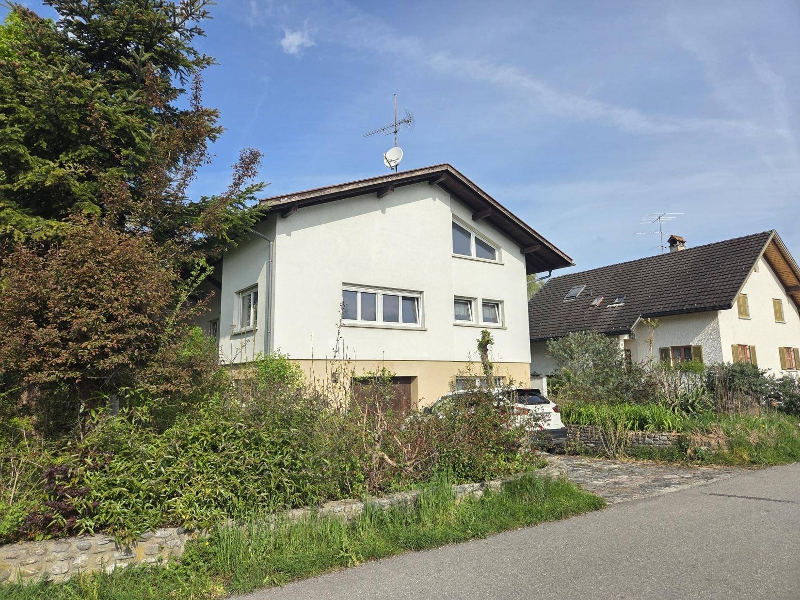 Ansicht des Einfamilienhauses von der Straße mit angrenzendem Nachbargebäude und viel Grün.