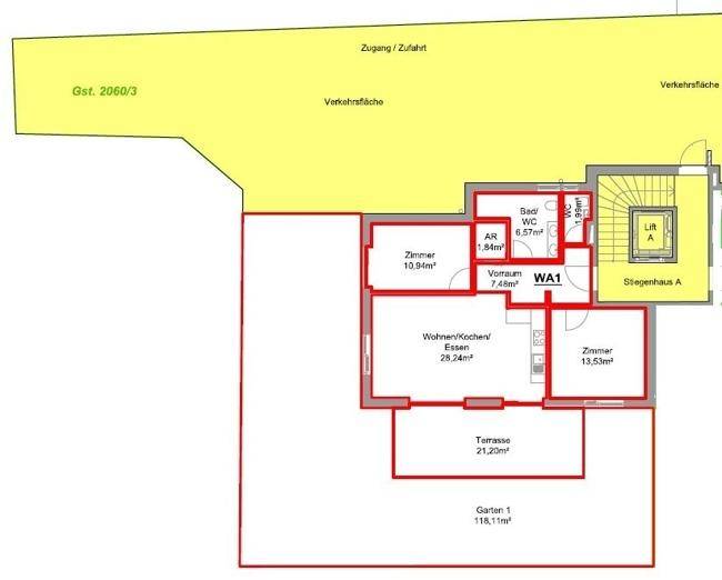 Grundriss einer Erdgeschosswohnung mit Terrasse, Garten und offenem Wohnbereich.