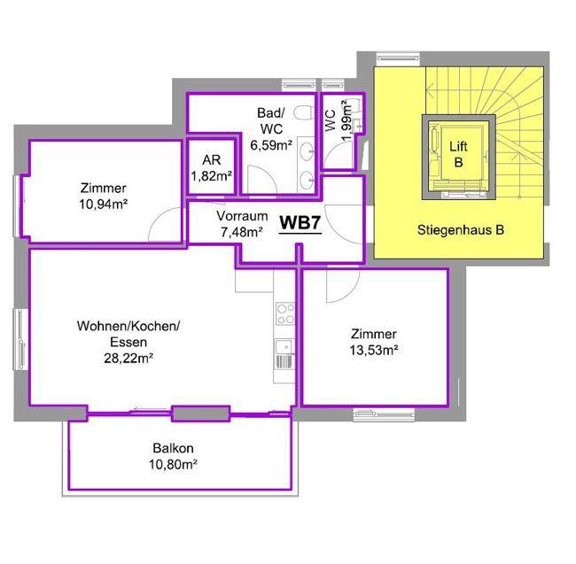 Grundriss einer Obergeschosswohnung mit Balkon, offenem Wohnbereich und zwei Schlafzimmern.