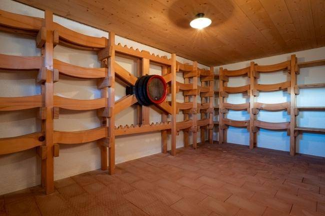 Weinkeller mit Holzregalen und Terrakotta-Bodenfliesen, ideal zur Lagerung von Weinflaschen.