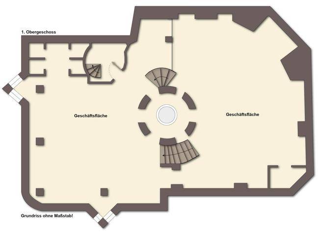 Grundriss des ersten Obergeschosses mit zwei Geschäftsflächen und zentraler Treppe.