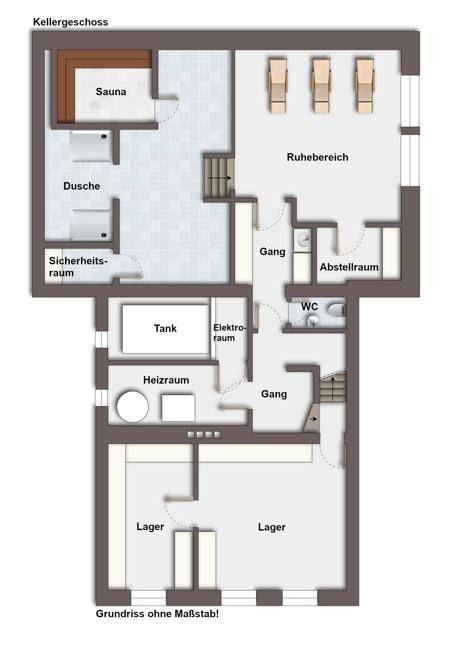 Grundriss des Kellergeschosses mit Sauna, Ruhebereich und verschiedenen Lagerräumen.