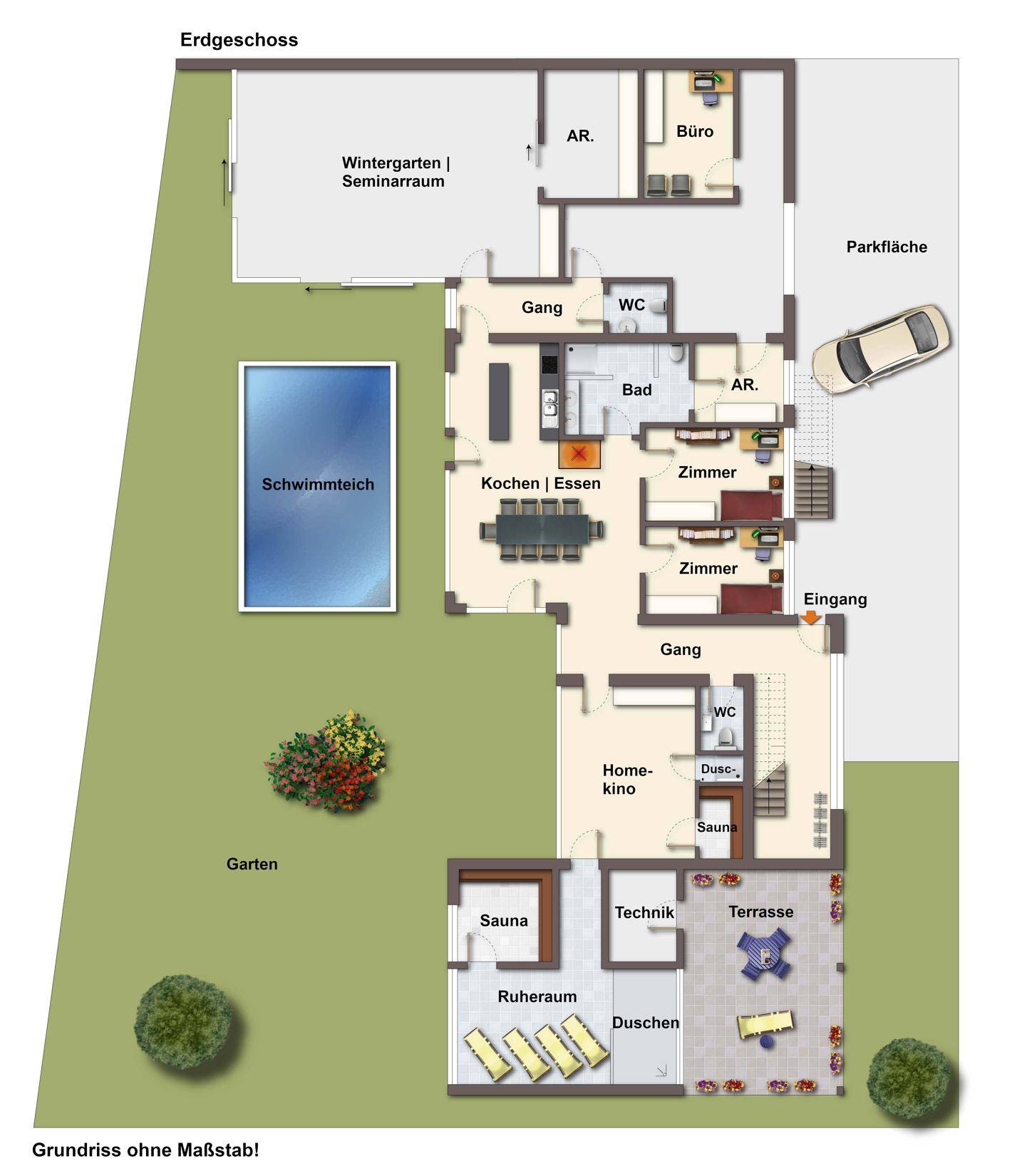 Grundriss des Erdgeschosses mit offenem Wohnbereich, Wellnessbereich, Schwimmteich und Terrasse.