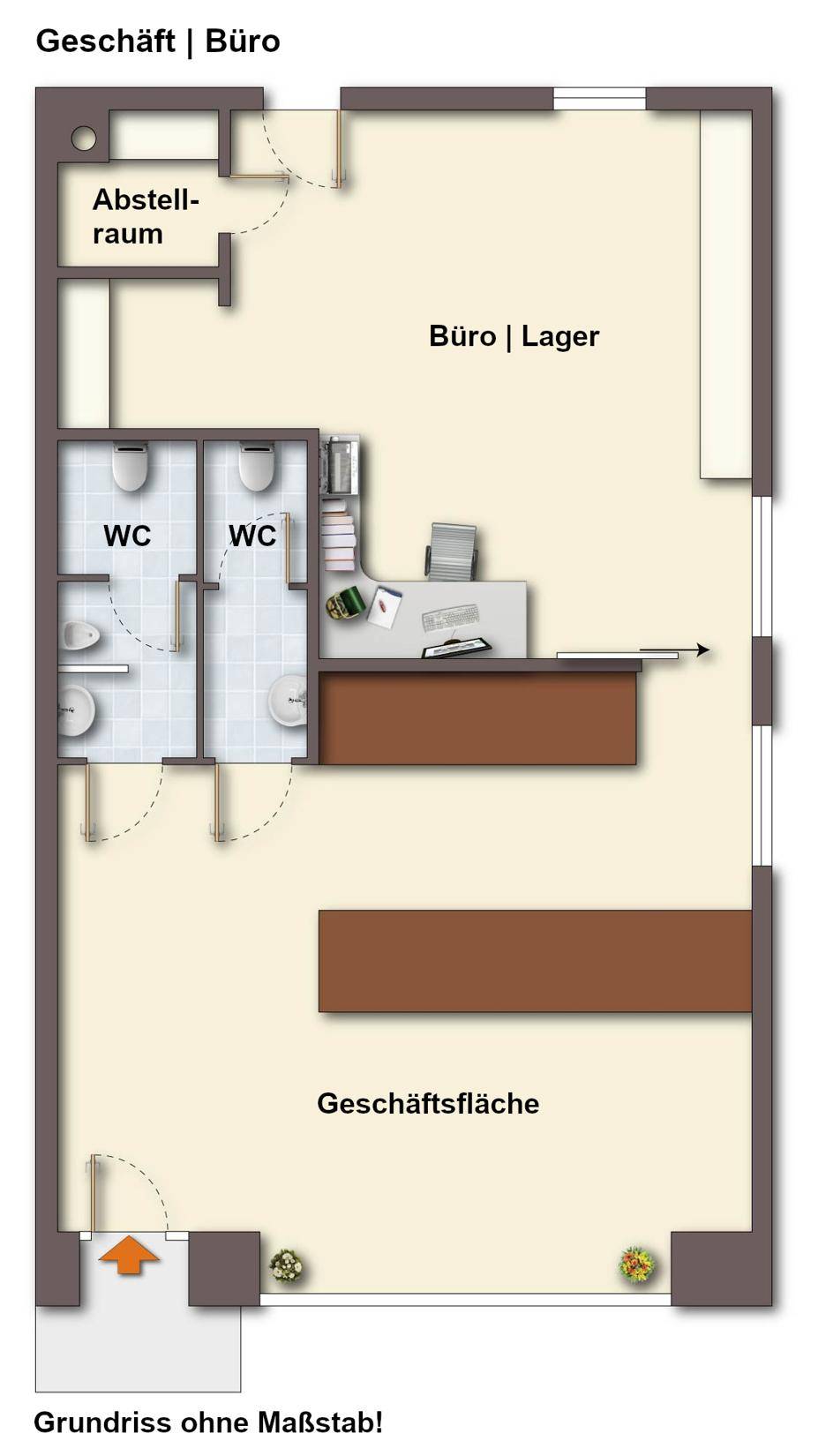 Grundriss eines Geschäfts- oder Bürobereichs mit Lagerraum und zwei Toiletten.