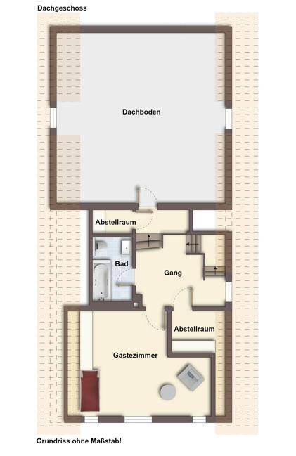Grundriss des Dachgeschosses mit Gästezimmer, Bad, Abstellräumen und Dachboden.
