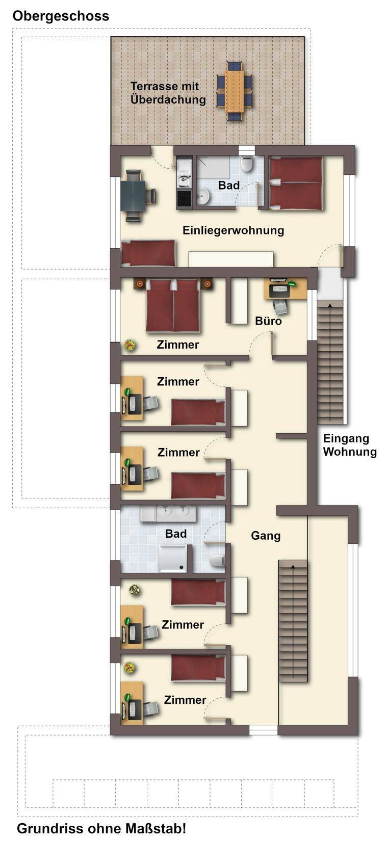 Grundriss des Obergeschosses mit mehreren Zimmern, Bädern und einer großen überdachten Terrasse.