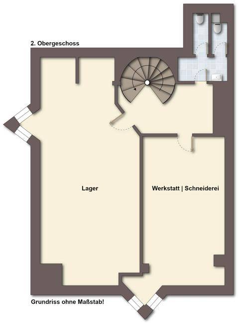 Grundriss des zweiten Obergeschosses mit Lager, Werkstatt und Badezimmern.