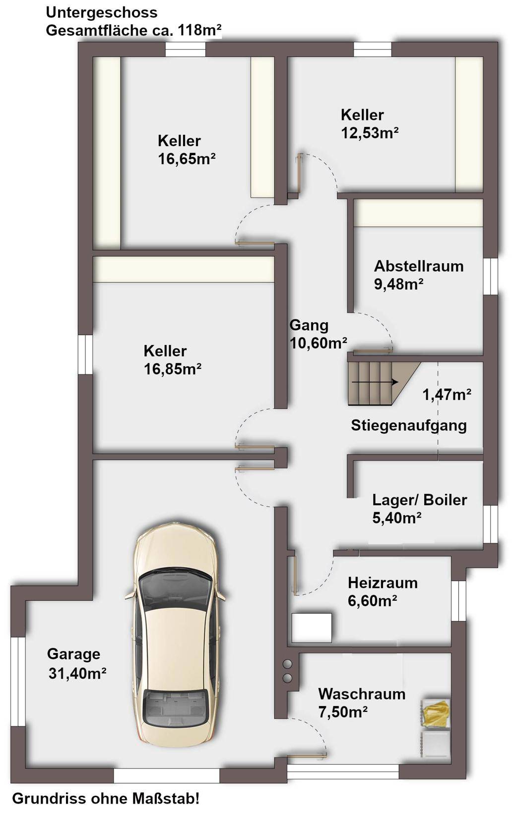 Grundriss des Untergeschosses mit Garage, Kellerräumen und Technikbereichen.