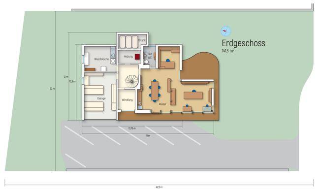 Grundriss des Erdgeschosses mit Garage, Waschküche, Bad und offenem Wohnbereich.