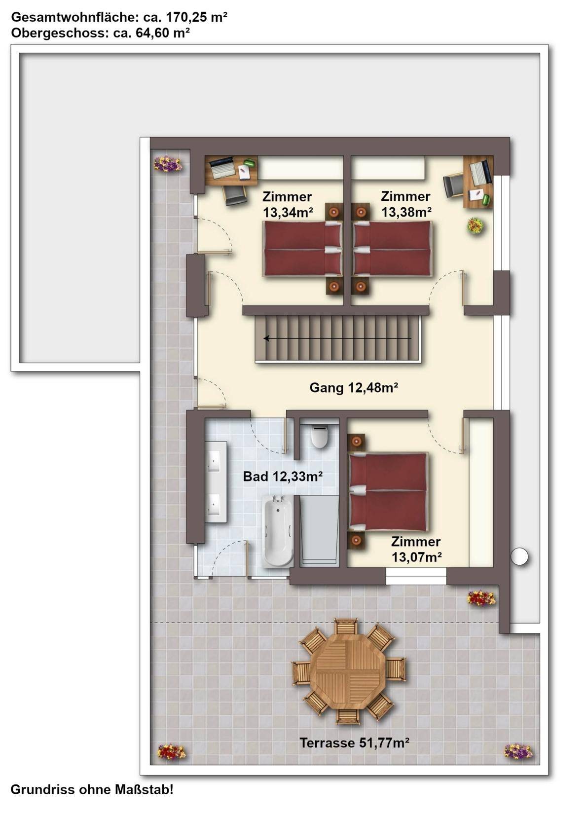 Grundriss des Obergeschosses mit drei Schlafzimmern, einem Badezimmer und großer Dachterrasse.