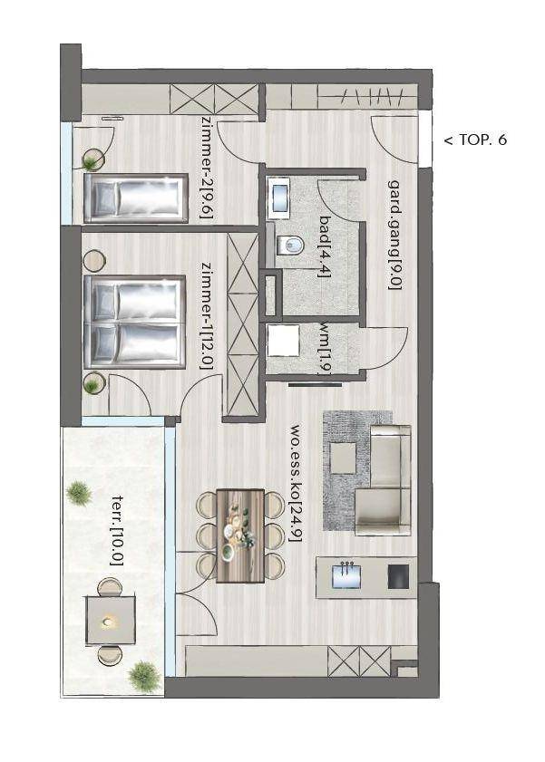 Grundriss der Wohnung TOP 6 mit zwei Schlafzimmern, offenem Wohnbereich und Terrasse.