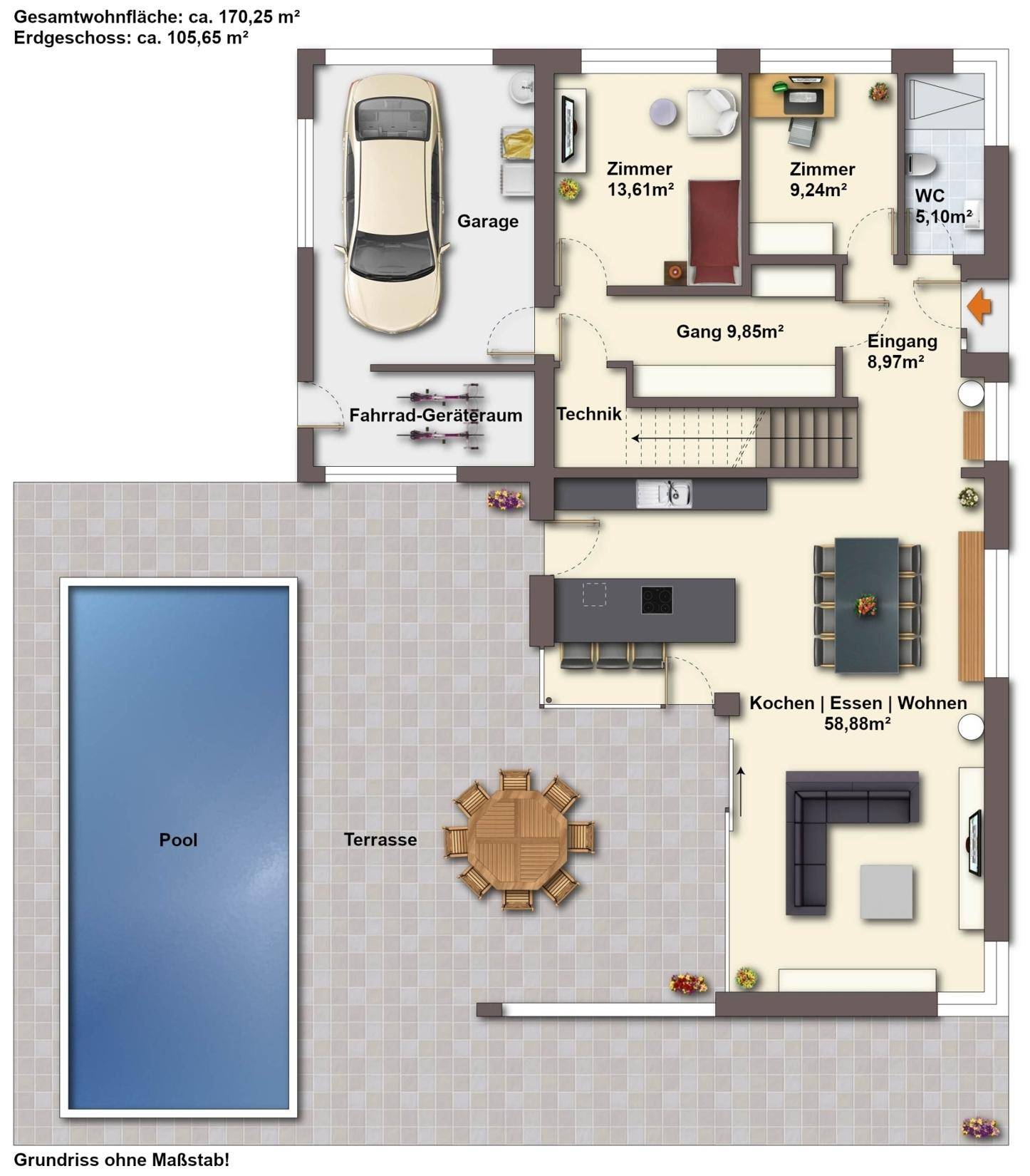 Grundriss des Erdgeschosses mit offener Küche, Wohnbereich, Garage und Pool auf der Terrasse.