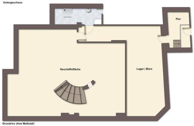 Grundriss des Untergeschosses mit Geschäftsfläche, Lager und einem Badezimmer.