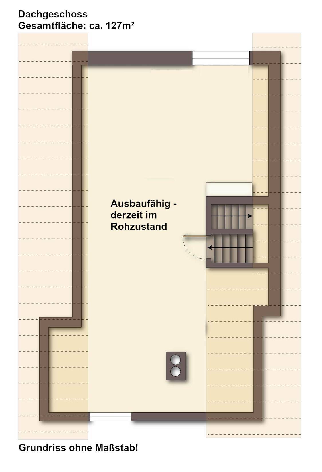 Grundriss des Dachgeschosses, das derzeit im Rohzustand ist und ausgebaut werden kann.