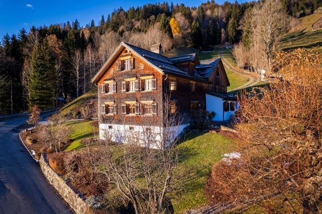 Das charmante Holzhaus in den Alpen, umgeben von Wald und Wiesen unter blauem Himmel.