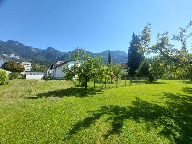 Große Rasenfläche mit Obstbäumen und beeindruckendem Bergblick unter blauem Himmel.