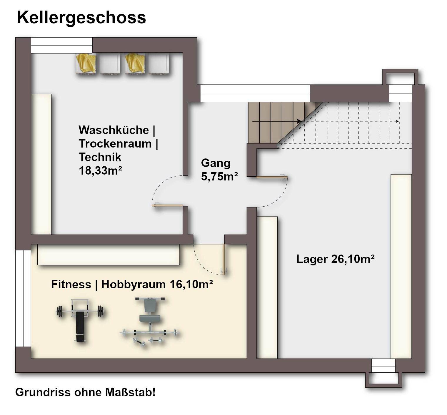 Grundriss des Kellergeschosses mit Waschküche, Lagerraum und Hobbybereich.
